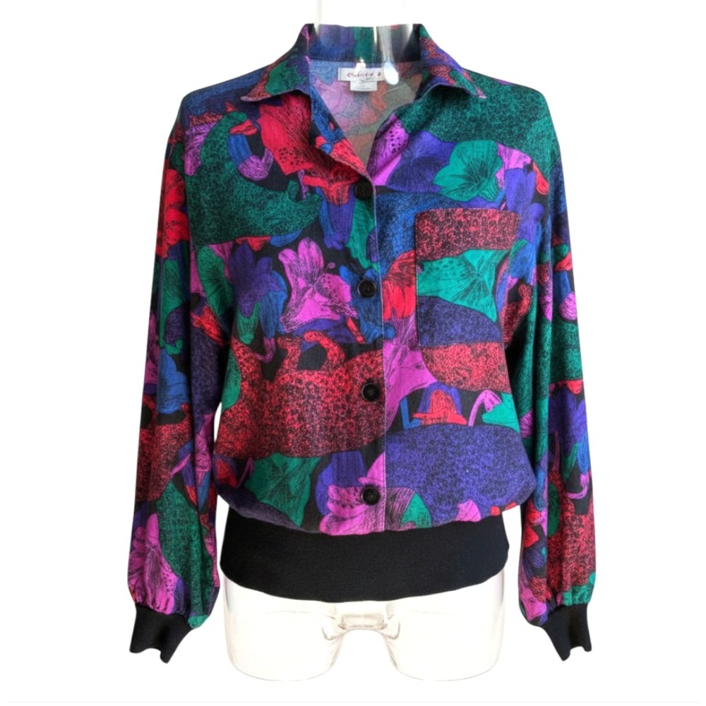VTG Joyce Sportswear COLORFUL FLORAL TOP Button-Front w/Banded Knit Hem Rayon XL